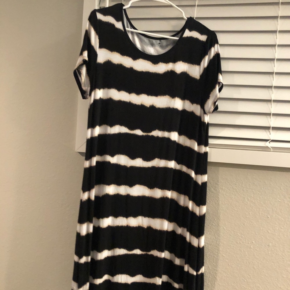 Black, white and tan striped cotton dress
